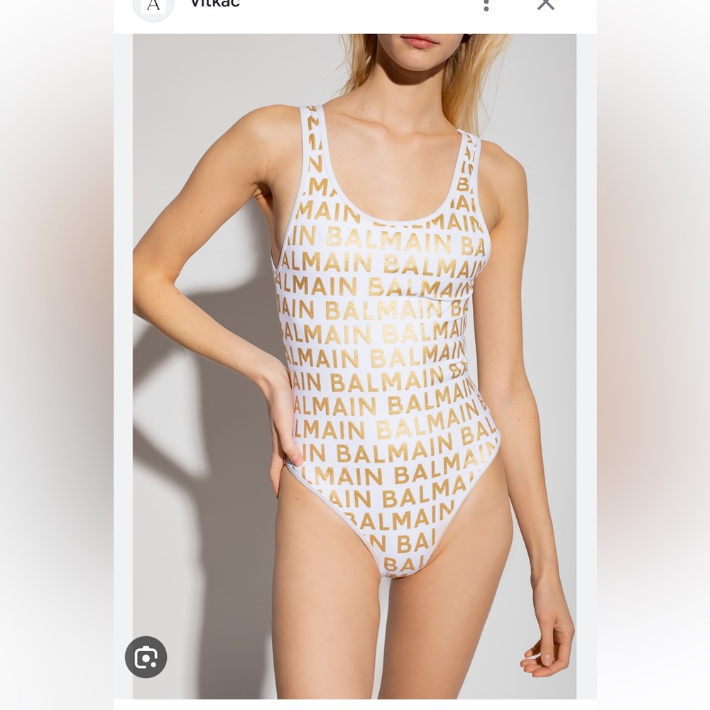 Balmain white and gold logo swimsuit
